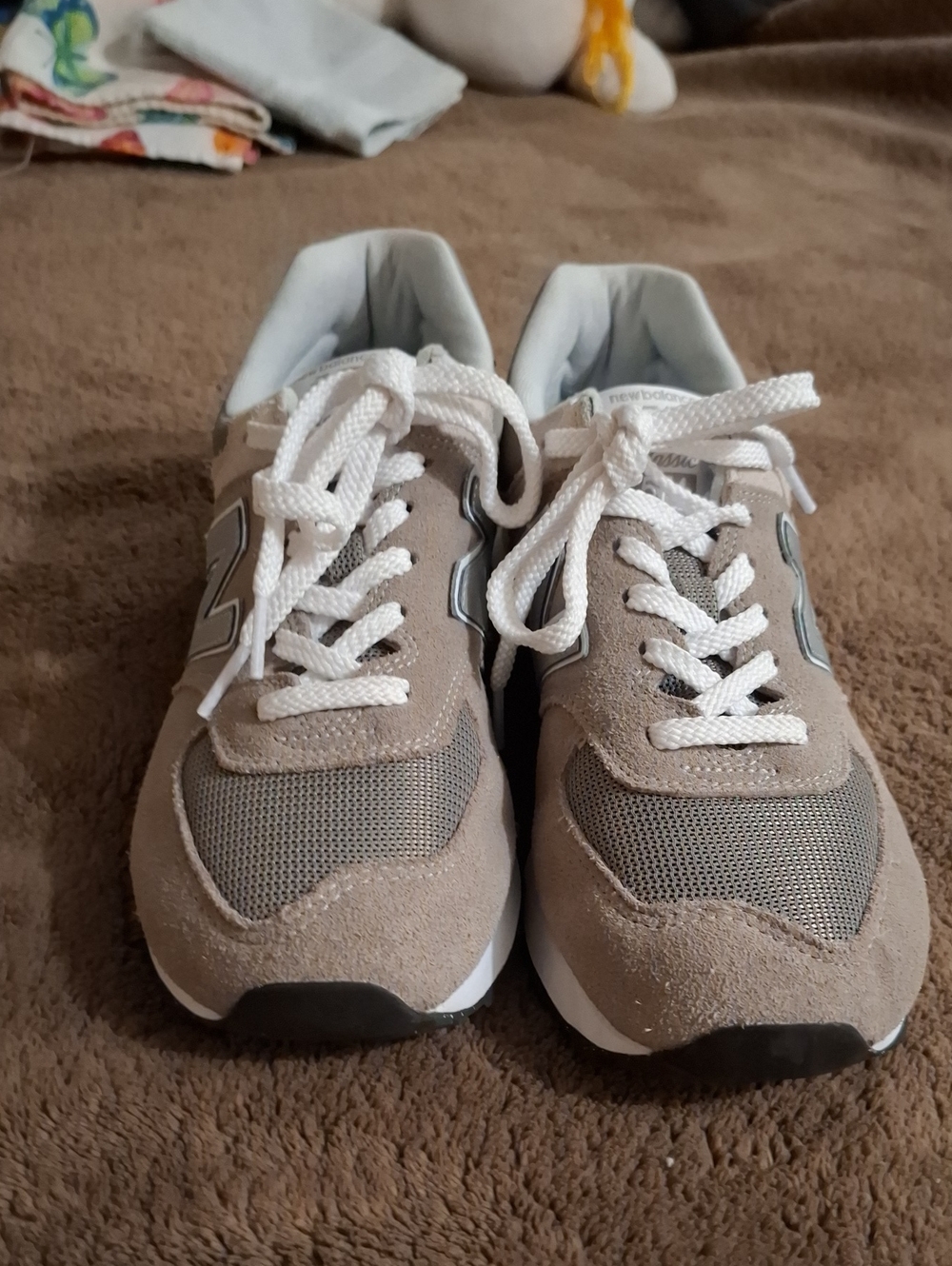 New Balance Beige and Gray Lace-Up Sneakers